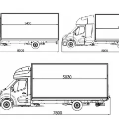 Renault Master wymiary: trzy wersje zabudowy z podanymi długościami przestrzeni ładunkowej (5400, 4850, 5030 mm) i całkowitymi (8000, 7800 mm).