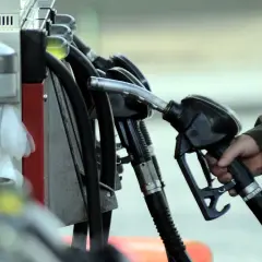 Dłoń trzyma pistolet dystrybutora paliwa. W tle widać inne dystrybutory i żółtawy płyn. Sprawdzamy hurtowe ceny paliw Lotos.