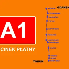 Autostrada A1 opłaty: odcinek od Torunia do Gdańska z zaznaczonymi miejscowościami.