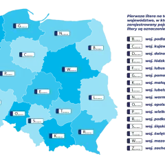 Mapa Polski z zaznaczonymi województwami i literami, które oznaczają wnd rejestracja.