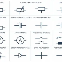 Schemat zawiera symbole elementów elektronicznych, w tym symbol cewki, rezystora, baterii i innych.