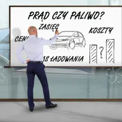 Mężczyzna pisze na tablicy "Prąd czy paliwo?", rysuje samochód i wykresy, zastanawiając się, ile kosztuje samochód elektryczny.