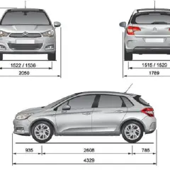 Schemat Citroen C4 z wymiarami: wysokość 1504 mm, szerokość przód 2050 mm, tył 1789 mm, długość 4329 mm.