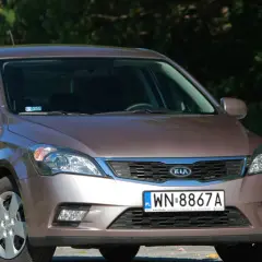 Brązowe Kia Ceed z przodu, na tle zieleni.