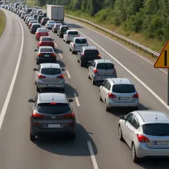 Korki na autostradzie, gdzie obowiązuje jazda na suwak. Samochody stoją w długiej kolejce, a obok stoi znak zwężenia drogi.
