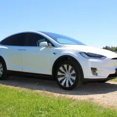 Biała Tesla Model X na tle zielonej łąki i lasu. Zastanawiasz się, ile kosztuje Tesla?