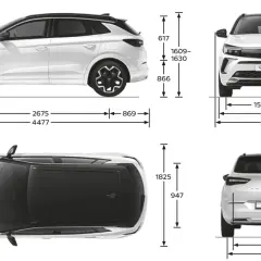 Opel Grandland wymiary: długość 4477 mm, szerokość 1906 mm, wysokość 1609-1630 mm. Widok z boku, przodu, tyłu i z góry.