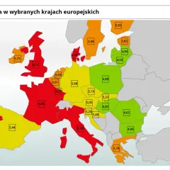 Mapa Europy z zaznaczonymi cenami diesla. Najwyższe ceny paliwa w Europie, powyżej 6 zł, widać w krajach skandynawskich i na południu.