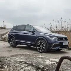 Ciemnoniebieski Volkswagen Tiguan Allspace na betonowej drodze, w tle trzciny i pochmurne niebo.