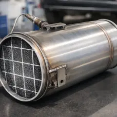 Metalowy element układu wydechowego, filtr GPF z widocznym w środku wkładem ceramicznym o strukturze plastra miodu.