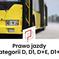 Żółty autobus i tekst "Prawo jazdy kategorii D, D1, D+E, D1+E".