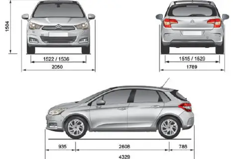 Schemat Citroen C4 z wymiarami: wysokość 1504 mm, szerokość przód 2050 mm, tył 1789 mm, długość 4329 mm.