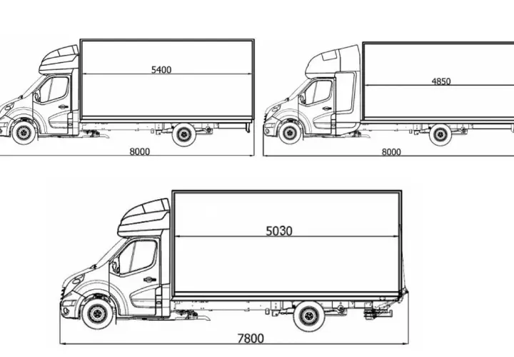 Renault Master wymiary: trzy wersje zabudowy z podanymi długościami przestrzeni ładunkowej (5400, 4850, 5030 mm) i całkowitymi (8000, 7800 mm).