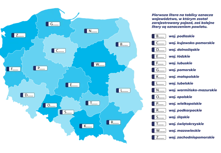 Mapa Polski z zaznaczonymi województwami i literami, które oznaczają wnd rejestracja.