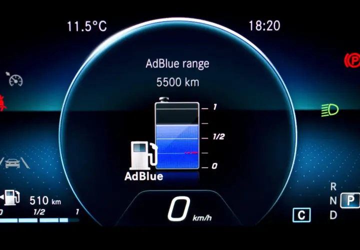 Na desce rozdzielczej widać wskaźnik AdBlue, informujący o zasięgu 5500 km. To podpowiedź, adblue co to jest i jak działa.