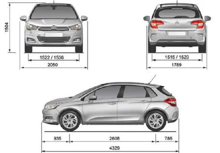 Schemat Citroen C4 z wymiarami: wysokość 1504 mm, szerokość przód 2050 mm, tył 1789 mm, długość 4329 mm.