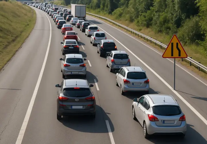Korki na autostradzie, gdzie obowiązuje jazda na suwak. Samochody stoją w długiej kolejce, a obok stoi znak zwężenia drogi.