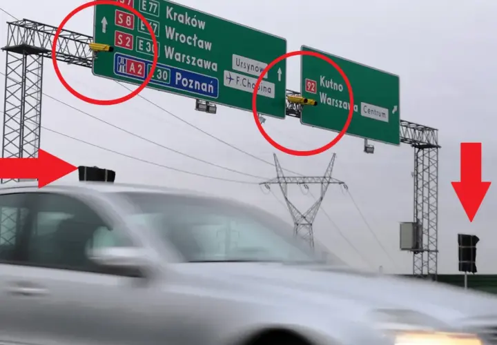 Kamery do odcinkowego pomiaru prędkości S8 nad drogą. Znak kieruje do Krakowa, Wrocławia, Warszawy, Poznania, Kutna.