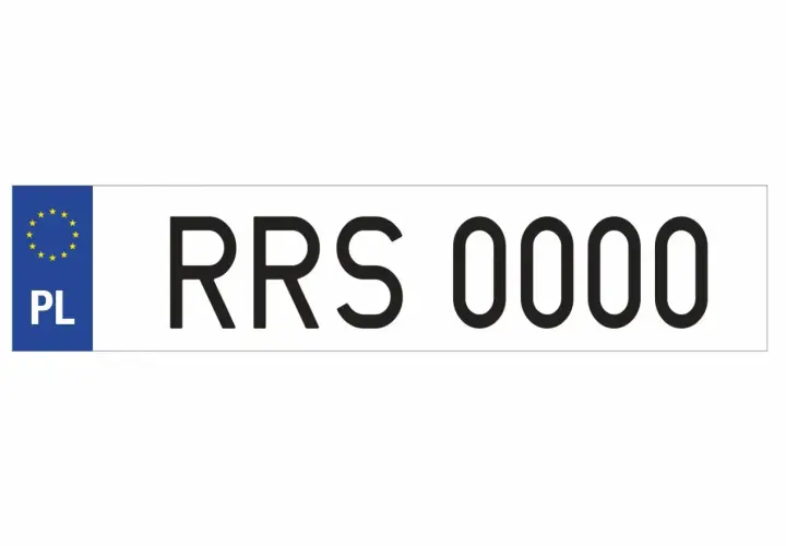 Tablica rejestracyjna z symbolem Unii Europejskiej i oznaczeniem PL. Numer RRS 0000.