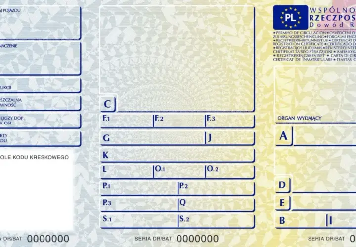 Dowód rejestracyjny z oznaczeniami pojazdu, datą produkcji i dopuszczalną ładownością. Widoczne pola na dane pojazdu i organ wydający.
