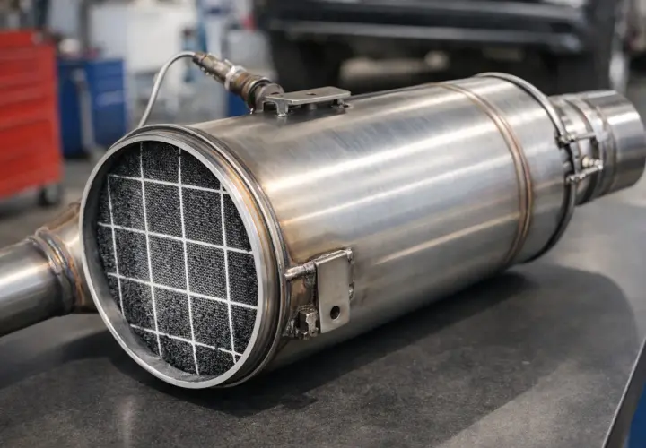 Metalowy element układu wydechowego, filtr GPF z widocznym w środku wkładem ceramicznym o strukturze plastra miodu.