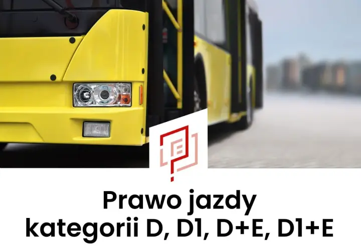 Żółty autobus i tekst "Prawo jazdy kategorii D, D1, D+E, D1+E".