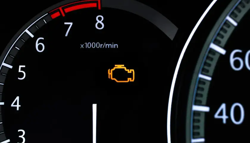 Pomarańczowy, migający check engine na desce rozdzielczej. Silnik wymaga uwagi.