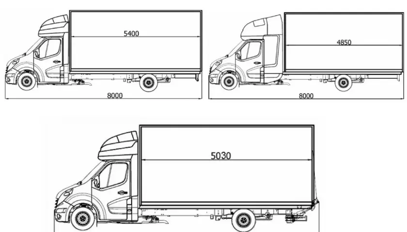 Renault Master wymiary: trzy wersje zabudowy z podanymi długościami przestrzeni ładunkowej (5400, 4850, 5030 mm) i całkowitymi (8000, 7800 mm).
