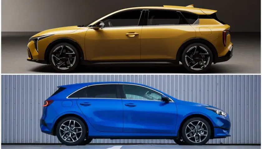 Dwa modele Kia Ceed 2025: jeden żółty, futurystyczny, drugi niebieski, klasyczny.