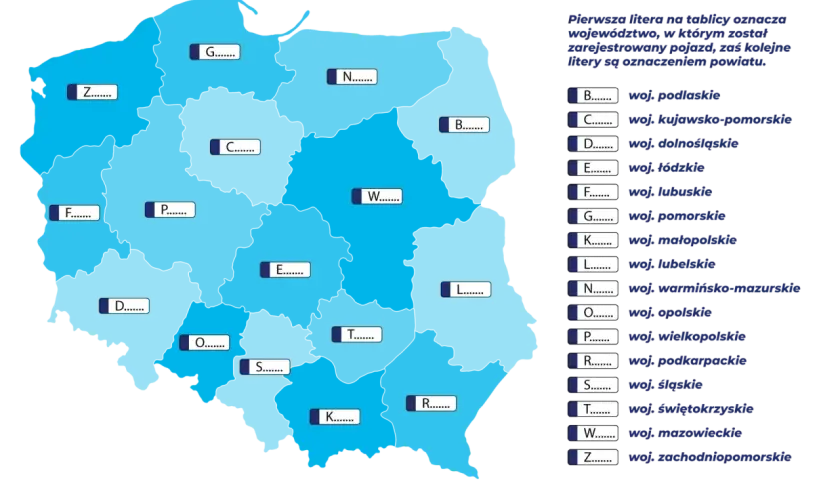 Mapa Polski z zaznaczonymi województwami i literami, które oznaczają wnd rejestracja.