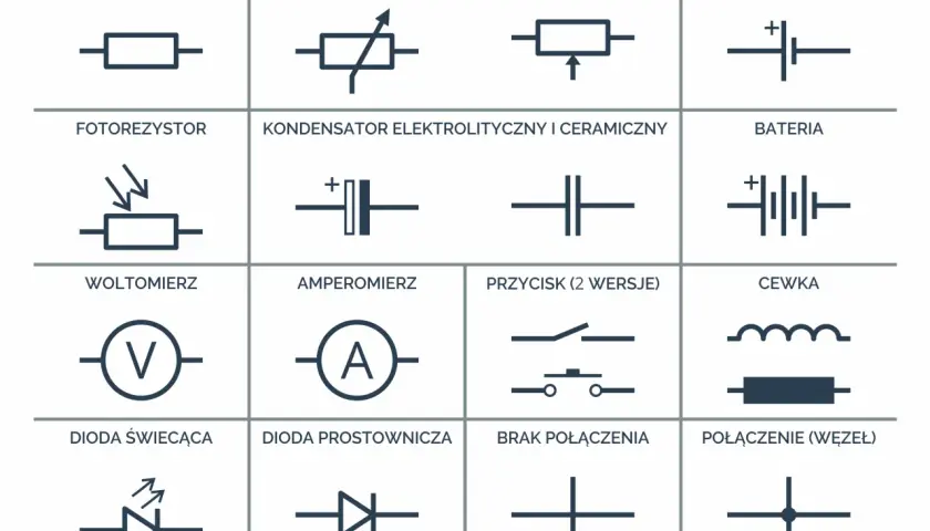Schemat zawiera symbole elementów elektronicznych, w tym symbol cewki, rezystora, baterii i innych.