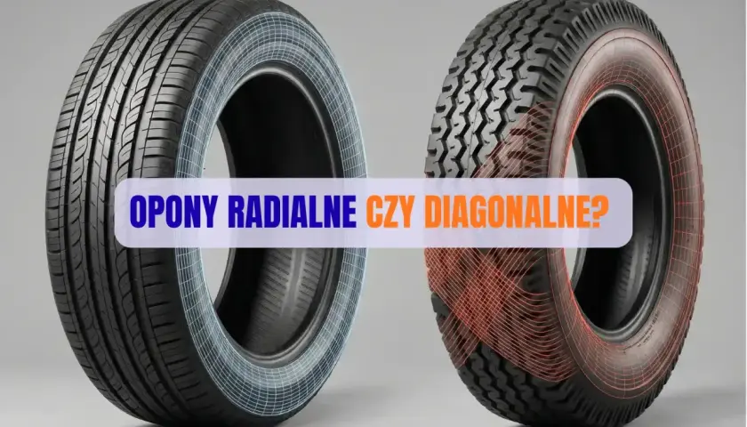 Dwa rodzaje opon: po lewej nowoczesne opony radialne z niebieską siatką, po prawej starsze opony diagonalne z czerwoną siatką.