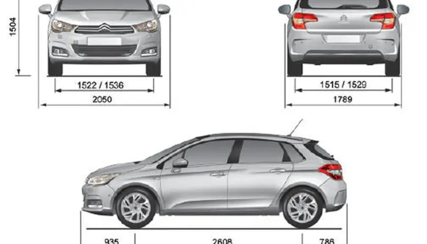 Schemat Citroen C4 z wymiarami: wysokość 1504 mm, szerokość przód 2050 mm, tył 1789 mm, długość 4329 mm.