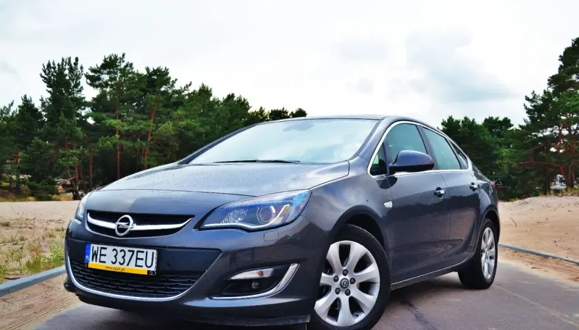 Szary Opel Astra 2025 na tle sosnowego lasu. Elegancki sedan gotowy na każdą podróż.