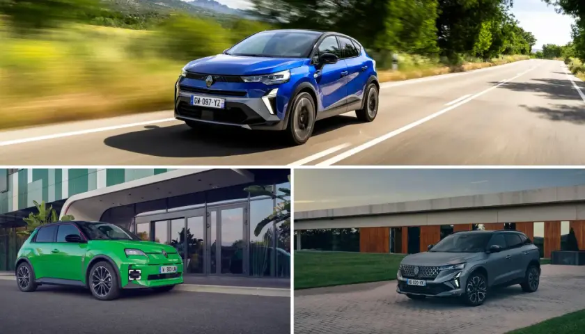 Trzy różne **Renault modele**: niebieski SUV na drodze, zielony hatchback przed budynkiem i szary SUV na podjeździe.