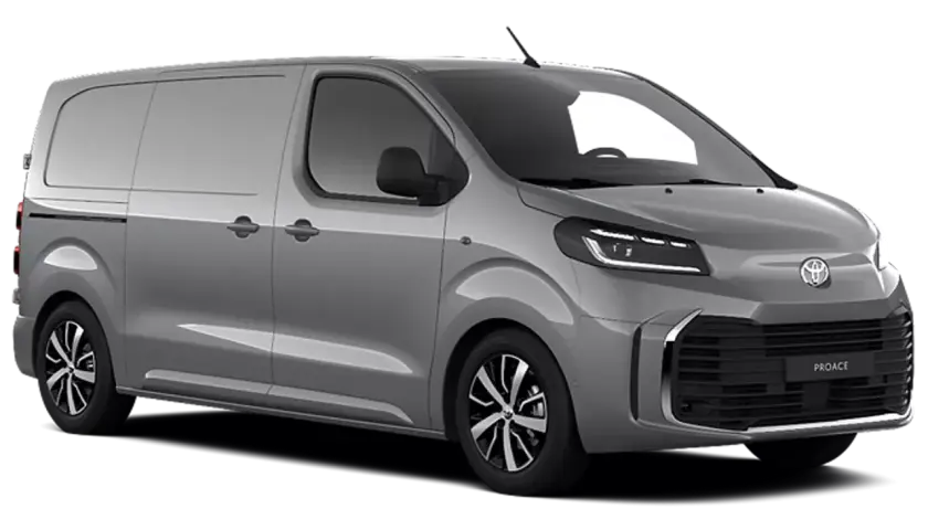Srebrny Toyota Proace, nowoczesny van dostawczy z charakterystycznym grillem i światłami LED, gotowy do pracy.