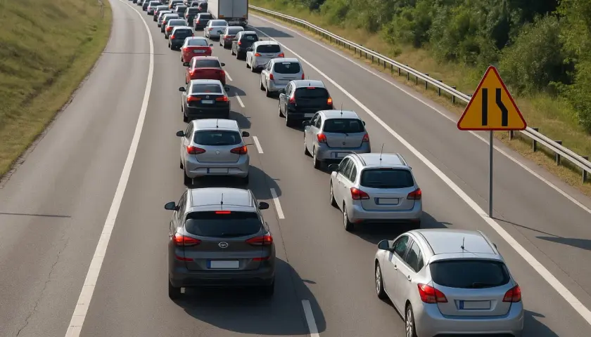 Korki na autostradzie, gdzie obowiązuje jazda na suwak. Samochody stoją w długiej kolejce, a obok stoi znak zwężenia drogi.