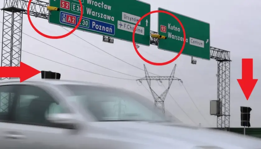 Kamery do odcinkowego pomiaru prędkości S8 nad drogą. Znak kieruje do Krakowa, Wrocławia, Warszawy, Poznania, Kutna.