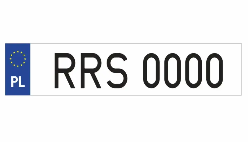 Tablica rejestracyjna z symbolem Unii Europejskiej i oznaczeniem PL. Numer RRS 0000.