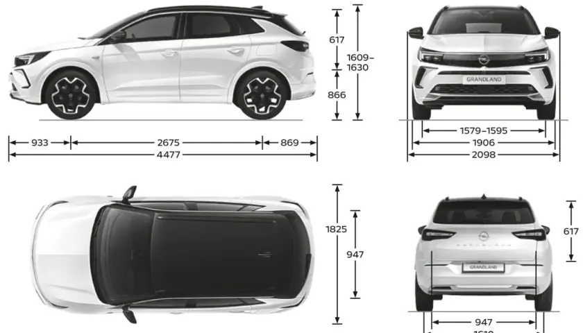 Opel Grandland wymiary: długość 4477 mm, szerokość 1906 mm, wysokość 1609-1630 mm. Widok z boku, przodu, tyłu i z góry.