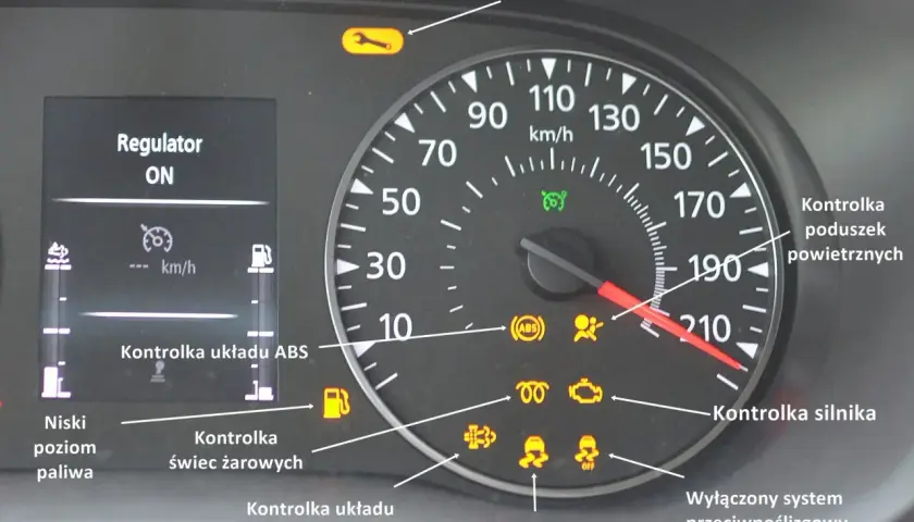 Na desce rozdzielczej świeci się kontrolka trakcji, obok kontrolki silnika i ABS.
