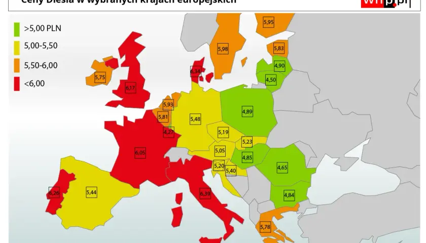 Mapa Europy z zaznaczonymi cenami diesla. Najwyższe ceny paliwa w Europie, powyżej 6 zł, widać w krajach skandynawskich i na południu.