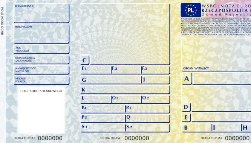 Dowód rejestracyjny z oznaczeniami pojazdu, datą produkcji i dopuszczalną ładownością. Widoczne pola na dane pojazdu i organ wydający.