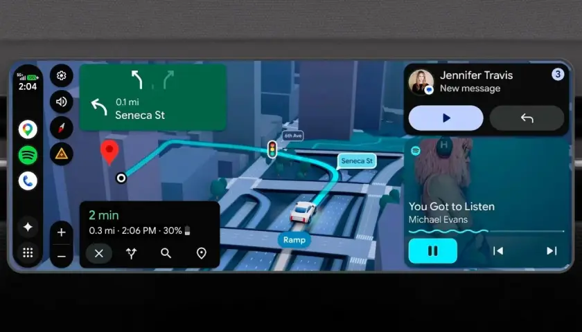 Nawigacja w najnowszej wersji Android Auto pokazuje trasę do Seneca St, powiadomienie od Jennifer Travis i odtwarzaną muzykę.
