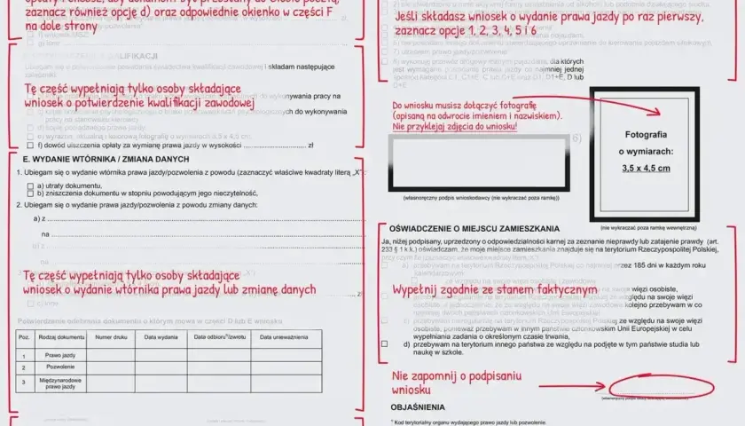 Wniosek o wydanie prawa jazdy lub jego wtórnika, z miejscem na zdjęcie 3,5 x 4,5 cm.