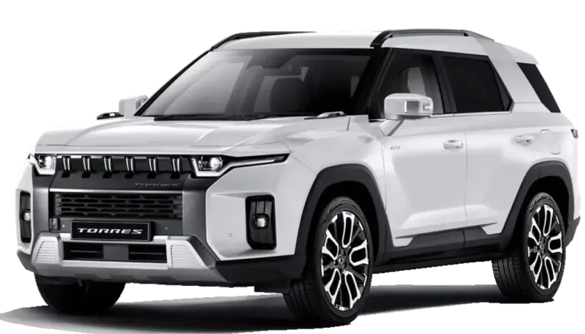 Nowy, biały SUV z Korei, model Torres, prezentuje nowoczesny design i solidną konstrukcję.