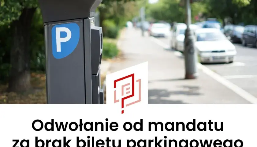 Parkometr z literą "P" i tekst "Odwołanie od mandatu za brak biletu parkingowego".