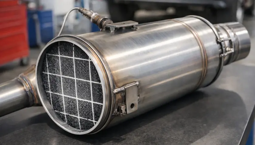 Metalowy element układu wydechowego, filtr GPF z widocznym w środku wkładem ceramicznym o strukturze plastra miodu.