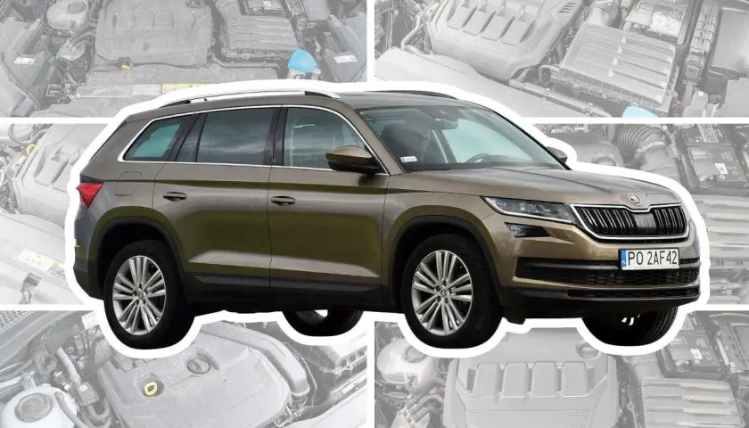 Brązowy Skoda Kodiaq 2023 z widokiem na silnik.
