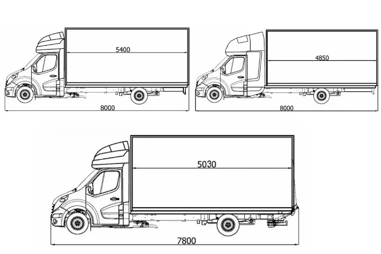 Renault Master wymiary: trzy wersje zabudowy z podanymi długościami przestrzeni ładunkowej (5400, 4850, 5030 mm) i całkowitymi (8000, 7800 mm).